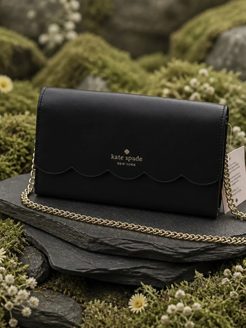 kate spade Black Scalloped Leather Crossbody with Gold Chain